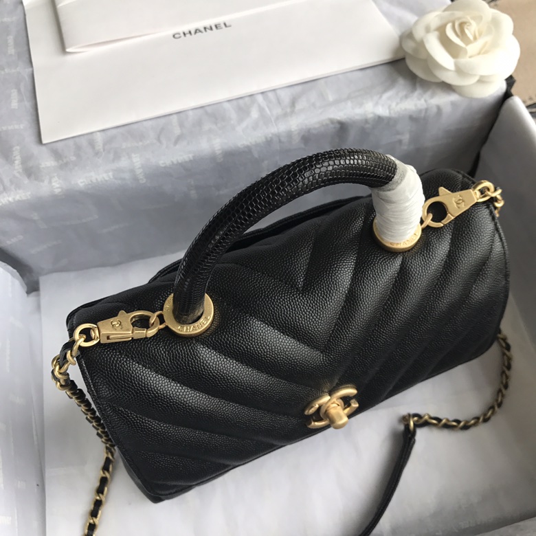 A92990, Small Flap Bag with Top Handle, CHANEL Handbags, Caviar, Grained Calfskin, Lizard & Gold-Tone Metal