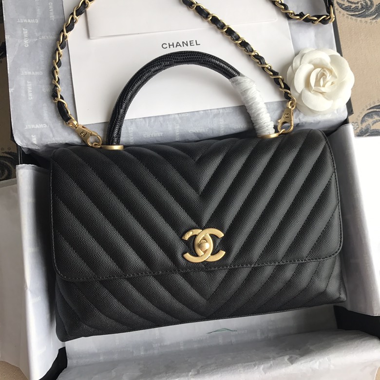 A92991, Flap Bag with Top Handle, CHANEL Handbags, Caviar, Grained Calfskin, Lizard & Gold-Tone Metal