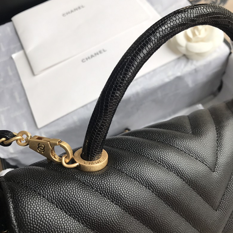 A92991, Flap Bag with Top Handle, CHANEL Handbags, Caviar, Grained Calfskin, Lizard & Gold-Tone Metal