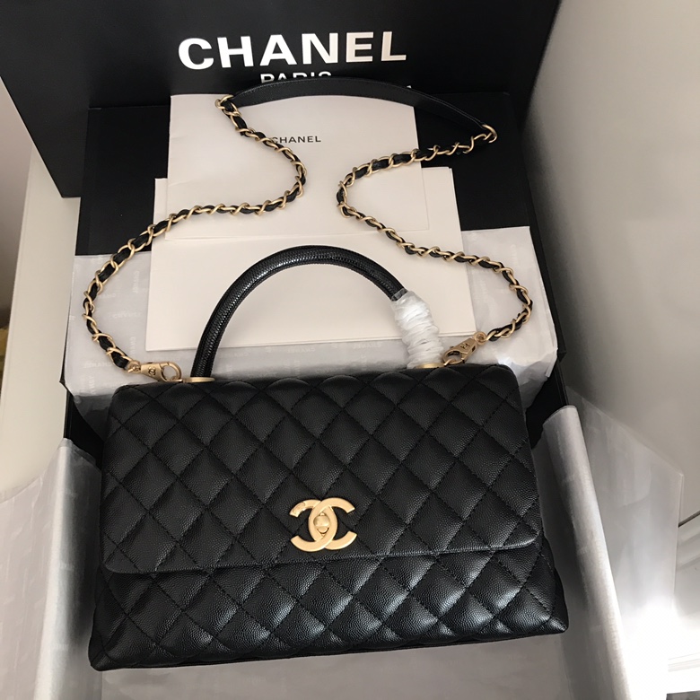 A92991, Flap Bag with Top Handle, CHANEL Handbags, Caviar, Grained Calfskin, Lizard & Gold-Tone Metal