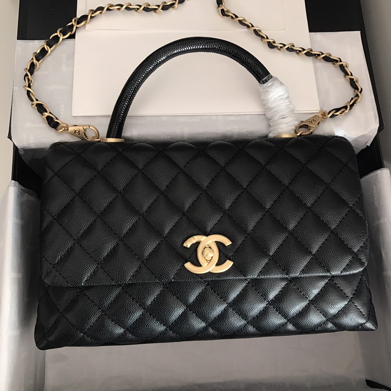 A92991, Flap Bag with Top Handle, CHANEL Handbags, Caviar, Grained Calfskin, Lizard & Gold-Tone Metal