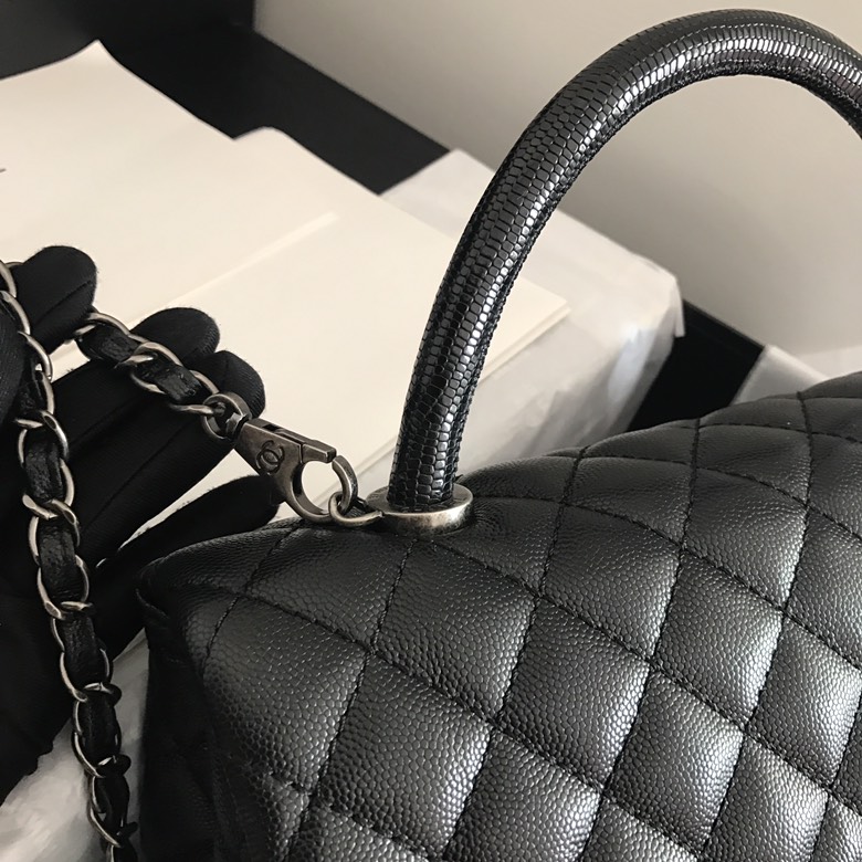 A92991, Flap Bag with Top Handle, CHANEL Handbags, Caviar, Grained Calfskin, Lizard & Silver-Tone Metal