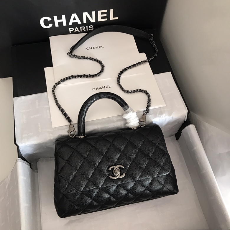 A92990, Small Flap Bag with Top Handle, CHANEL Handbags, Caviar, Grained Calfskin, Lizard & Silver-Tone Metal