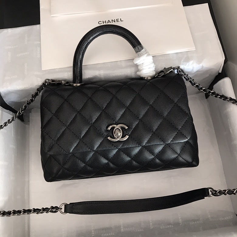 A92990, Small Flap Bag with Top Handle, CHANEL Handbags, Caviar, Grained Calfskin, Lizard & Silver-Tone Metal