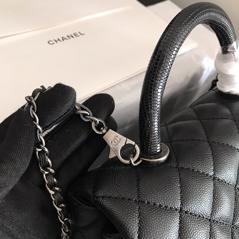 A92990, Small Flap Bag with Top Handle, CHANEL Handbags, Caviar, Grained Calfskin, Lizard & Silver-Tone Metal