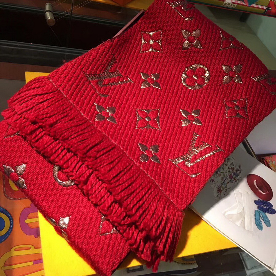 LOGOMANIA SHINE(GOLD COLOR) SCARF, LOUIS VUITTON LV SCARF, 68.9 x 11.8 inches, 94% wool, 6% silk