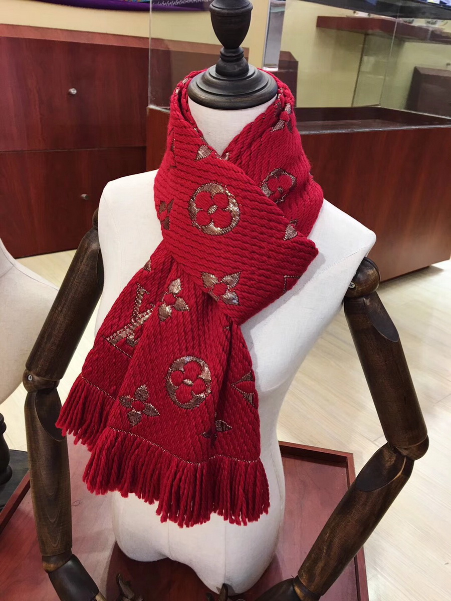 LOGOMANIA SHINE(GOLD COLOR) SCARF, LOUIS VUITTON LV SCARF, 68.9 x 11.8 inches, 94% wool, 6% silk