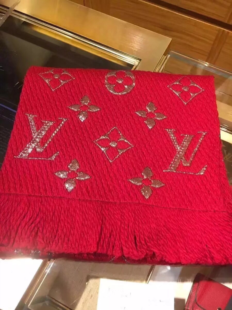 LOGOMANIA SHINE(GOLD COLOR) SCARF, LOUIS VUITTON LV SCARF, 68.9 x 11.8 inches, 94% wool, 6% silk