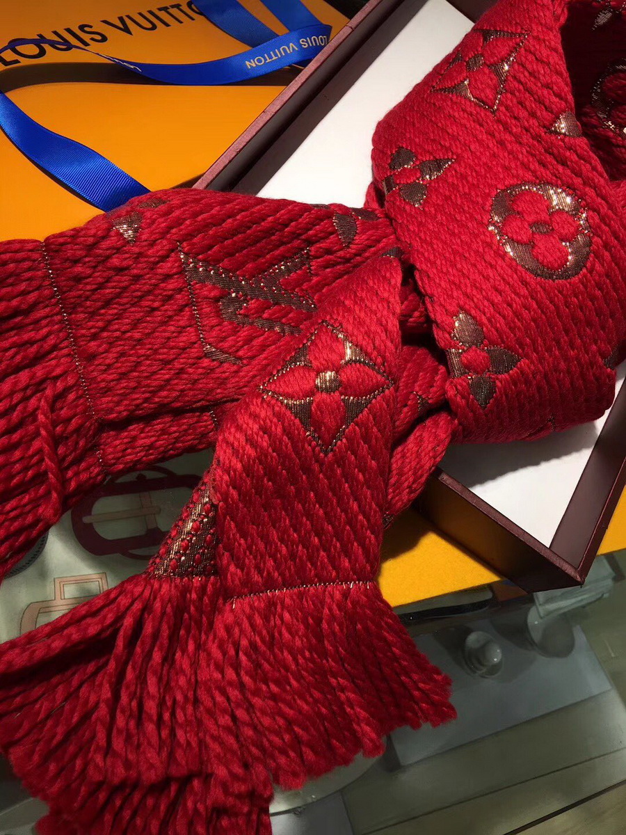 LOGOMANIA SHINE(GOLD COLOR) SCARF, LOUIS VUITTON LV SCARF, 68.9 x 11.8 inches, 94% wool, 6% silk