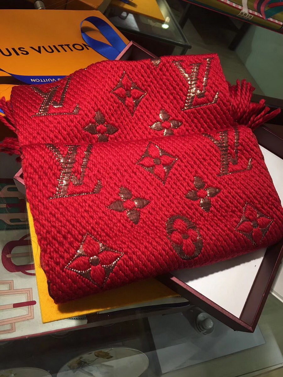 LOGOMANIA SHINE(GOLD COLOR) SCARF, LOUIS VUITTON LV SCARF, 68.9 x 11.8 inches, 94% wool, 6% silk