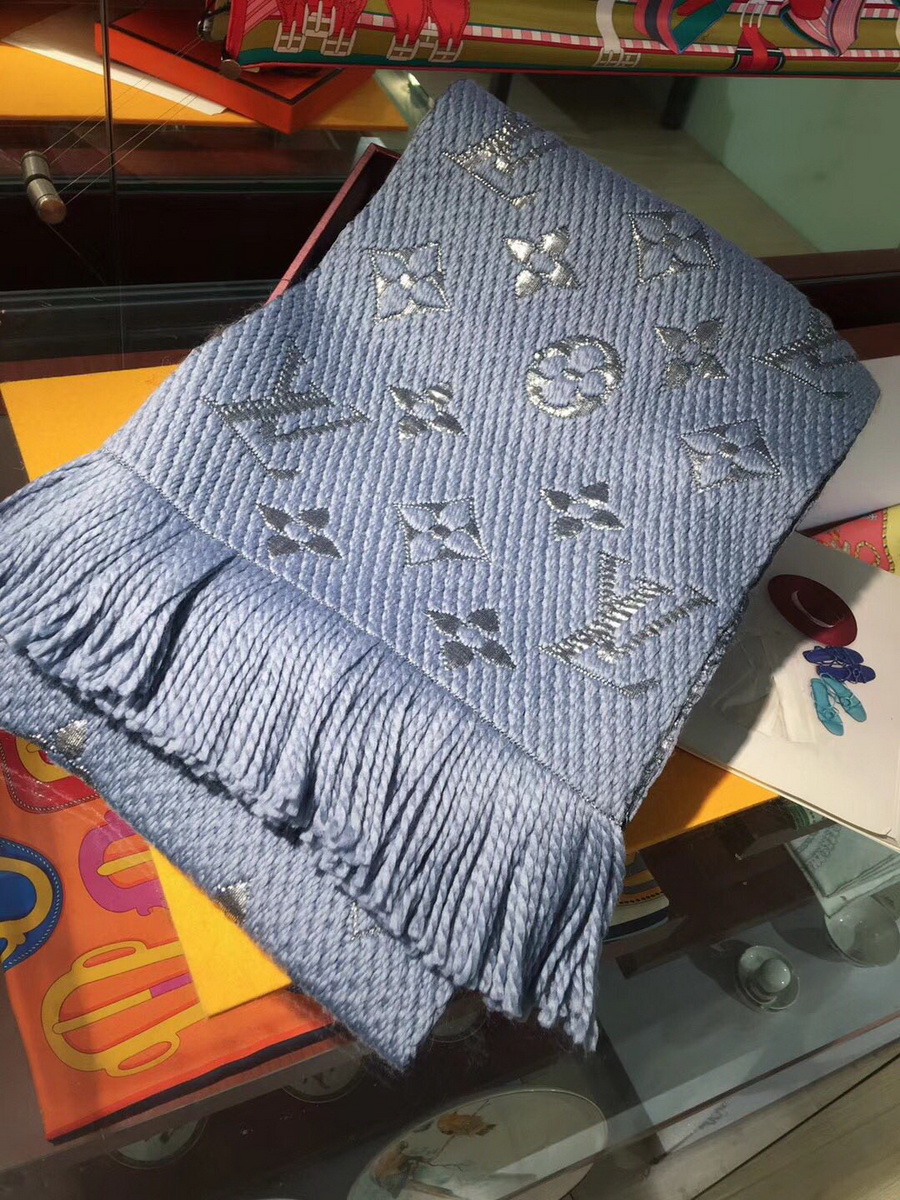 LOGOMANIA SHINE(SILVER COLOR) SCARF, LOUIS VUITTON LV SCARF, 68.9 x 11.8 inches, 94% wool, 6% silk