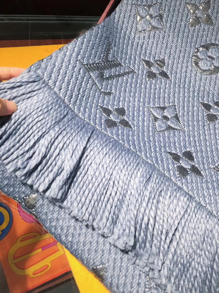 LOGOMANIA SHINE(SILVER COLOR) SCARF, LOUIS VUITTON LV SCARF, 68.9 x 11.8 inches, 94% wool, 6% silk