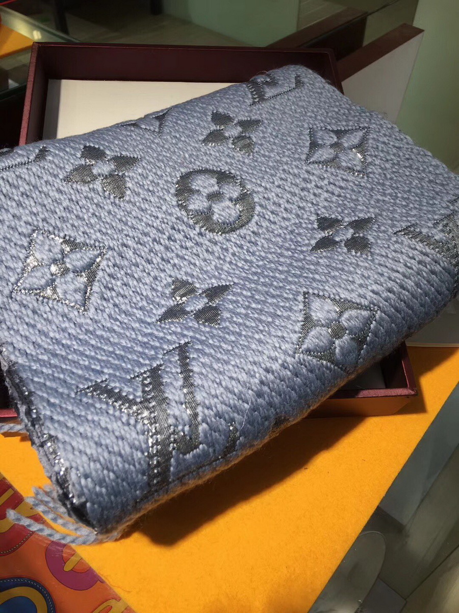 LOGOMANIA SHINE(SILVER COLOR) SCARF, LOUIS VUITTON LV SCARF, 68.9 x 11.8 inches, 94% wool, 6% silk