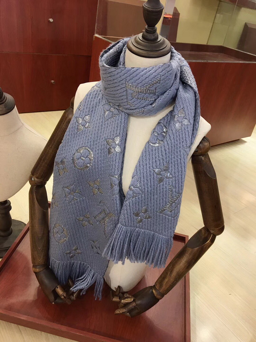 LOGOMANIA SHINE(SILVER COLOR) SCARF, LOUIS VUITTON LV SCARF, 68.9 x 11.8 inches, 94% wool, 6% silk