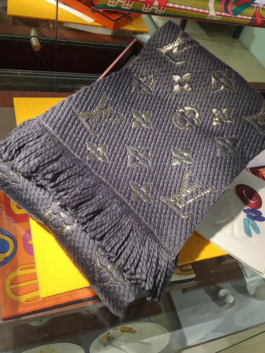 LOGOMANIA SHINE(GOLD COLOR) SCARF, LOUIS VUITTON LV SCARF, 68.9 x 11.8 inches, 94% wool, 6% silk