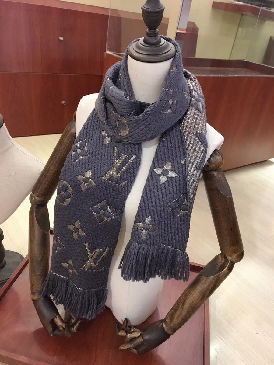 LOGOMANIA SHINE(GOLD COLOR) SCARF, LOUIS VUITTON LV SCARF, 68.9 x 11.8 inches, 94% wool, 6% silk