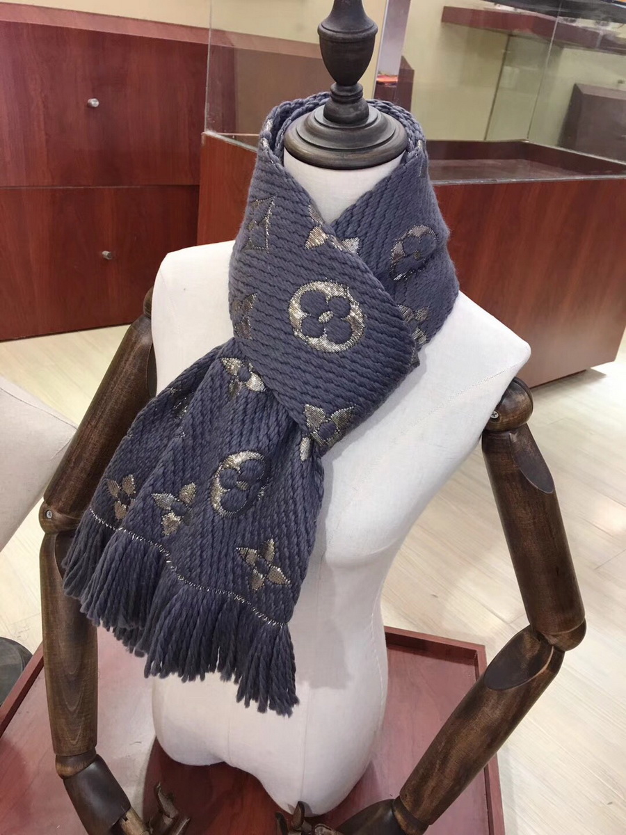 LOGOMANIA SHINE(GOLD COLOR) SCARF, LOUIS VUITTON LV SCARF, 68.9 x 11.8 inches, 94% wool, 6% silk