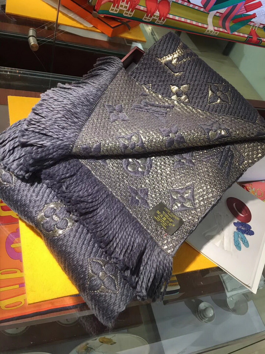 LOGOMANIA SHINE(GOLD COLOR) SCARF, LOUIS VUITTON LV SCARF, 68.9 x 11.8 inches, 94% wool, 6% silk