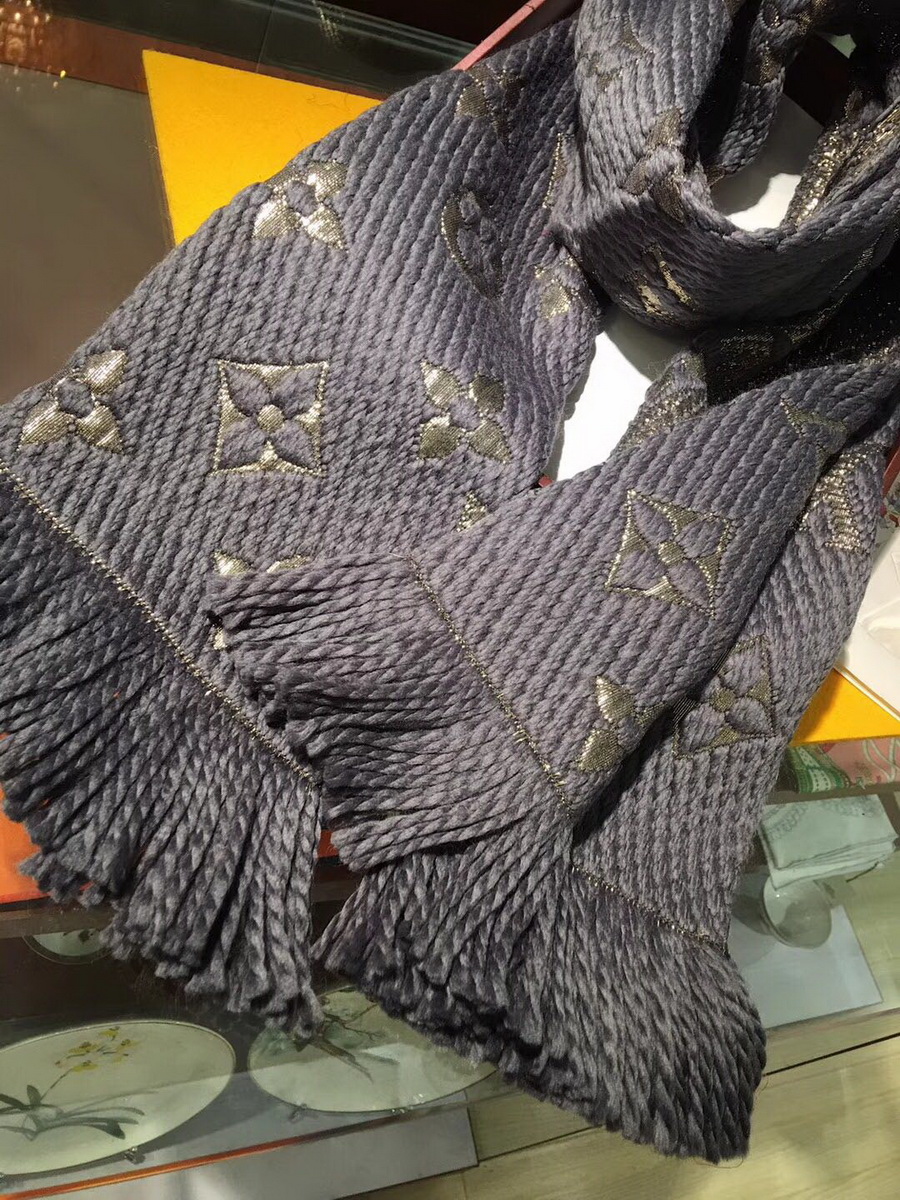 LOGOMANIA SHINE(GOLD COLOR) SCARF, LOUIS VUITTON LV SCARF, 68.9 x 11.8 inches, 94% wool, 6% silk