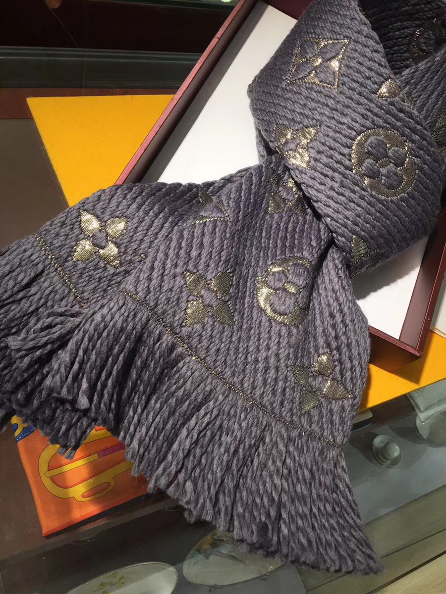 LOGOMANIA SHINE(GOLD COLOR) SCARF, LOUIS VUITTON LV SCARF, 68.9 x 11.8 inches, 94% wool, 6% silk