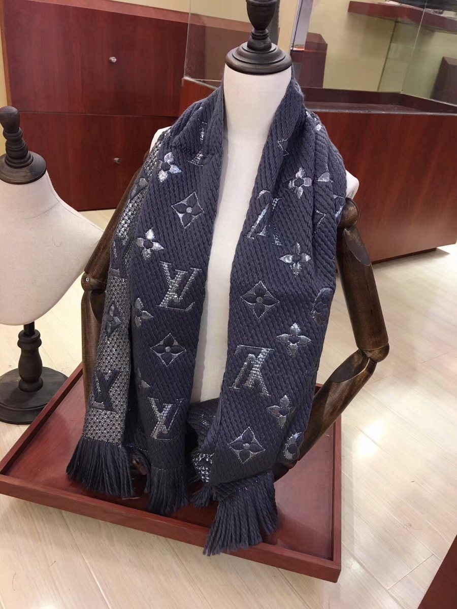 LOGOMANIA SHINE(SILVER COLOR) SCARF, LOUIS VUITTON LV SCARF, 68.9 x 11.8 inches, 94% wool, 6% silk