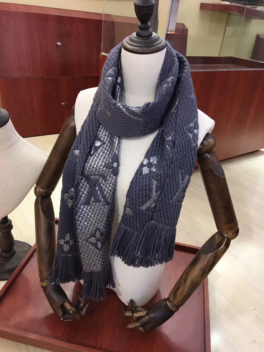 LOGOMANIA SHINE(SILVER COLOR) SCARF, LOUIS VUITTON LV SCARF, 68.9 x 11.8 inches, 94% wool, 6% silk
