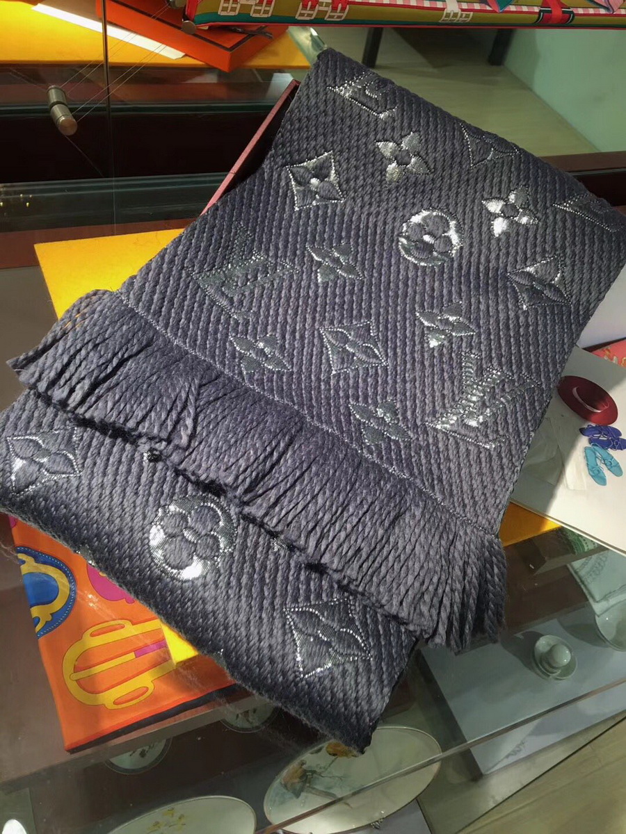 LOGOMANIA SHINE(SILVER COLOR) SCARF, LOUIS VUITTON LV SCARF, 68.9 x 11.8 inches, 94% wool, 6% silk