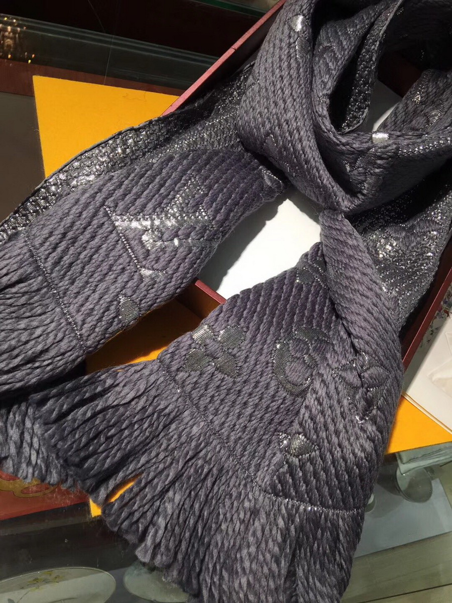 LOGOMANIA SHINE(SILVER COLOR) SCARF, LOUIS VUITTON LV SCARF, 68.9 x 11.8 inches, 94% wool, 6% silk
