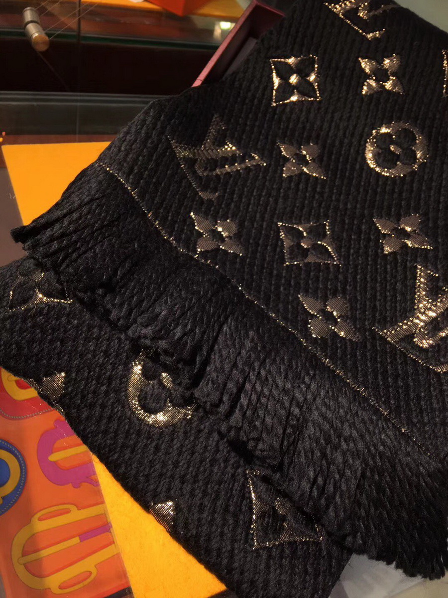 LOGOMANIA SHINE(GOLD COLOR) SCARF, LOUIS VUITTON LV SCARF, 68.9 x 11.8 inches, 94% wool, 6% silk