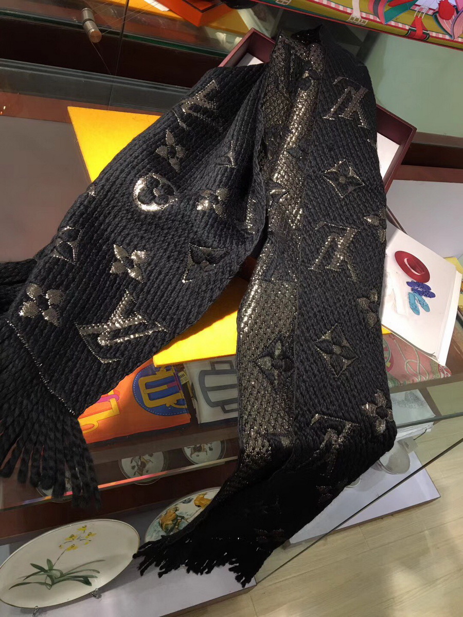 LOGOMANIA SHINE(GOLD COLOR) SCARF, LOUIS VUITTON LV SCARF, 68.9 x 11.8 inches, 94% wool, 6% silk