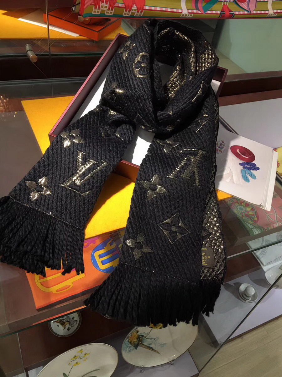 LOGOMANIA SHINE(GOLD COLOR) SCARF, LOUIS VUITTON LV SCARF, 68.9 x 11.8 inches, 94% wool, 6% silk