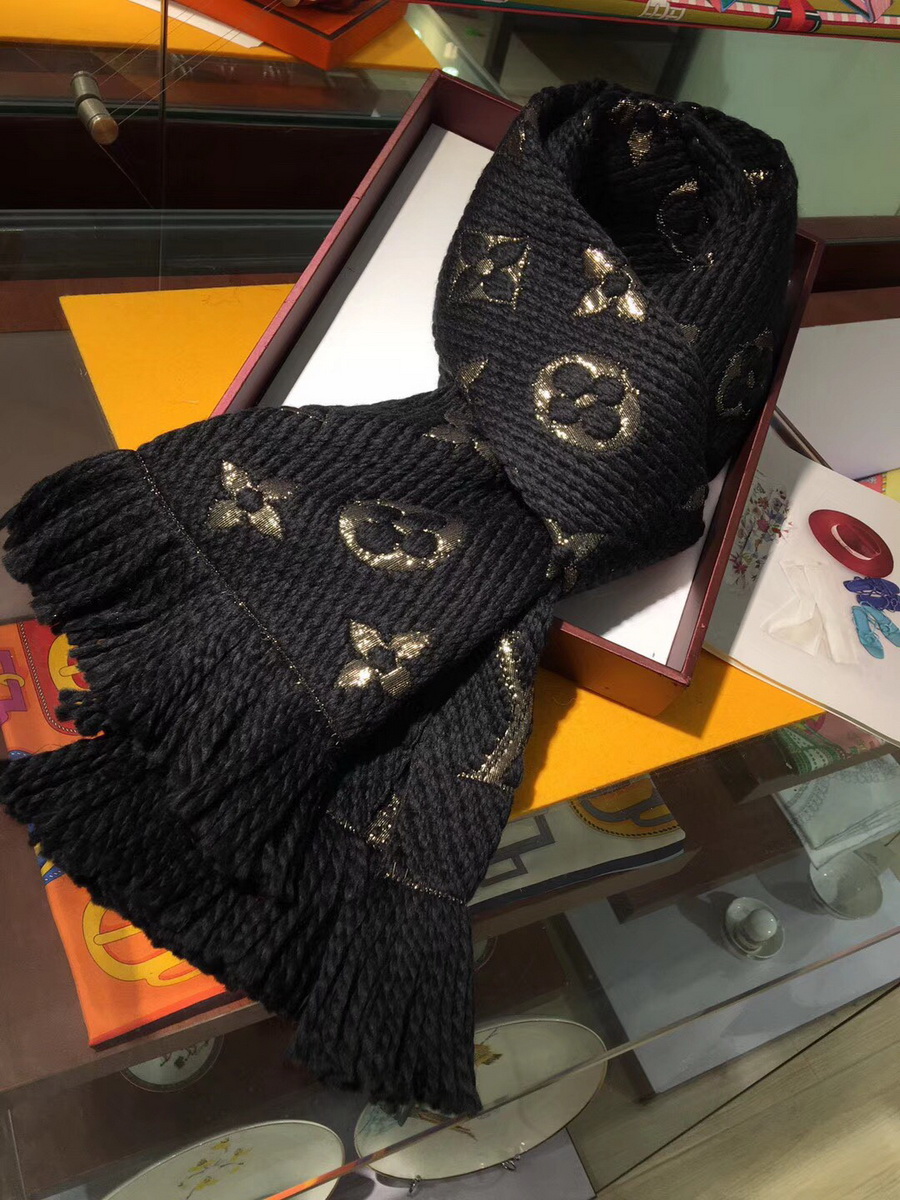 LOGOMANIA SHINE(GOLD COLOR) SCARF, LOUIS VUITTON LV SCARF, 68.9 x 11.8 inches, 94% wool, 6% silk