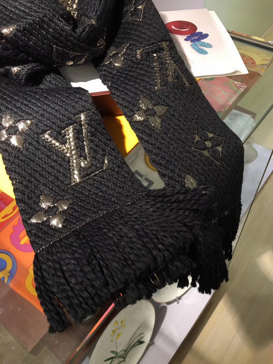 LOGOMANIA SHINE(GOLD COLOR) SCARF, LOUIS VUITTON LV SCARF, 68.9 x 11.8 inches, 94% wool, 6% silk