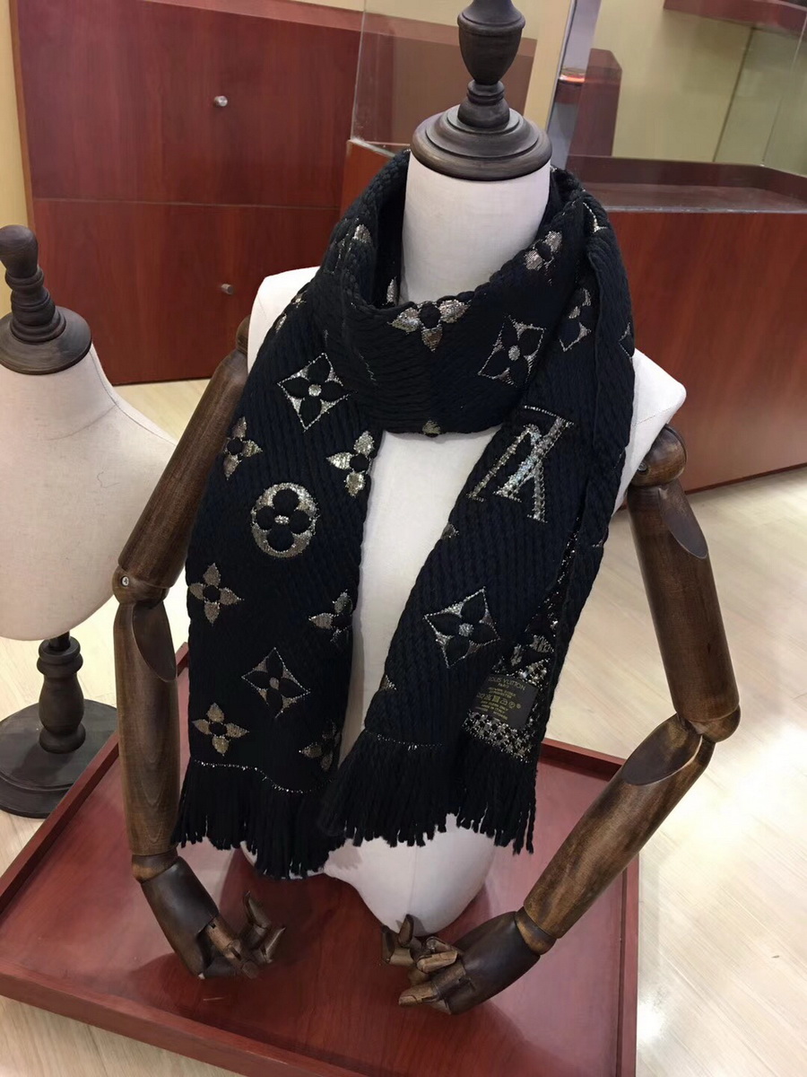 LOGOMANIA SHINE(GOLD COLOR) SCARF, LOUIS VUITTON LV SCARF, 68.9 x 11.8 inches, 94% wool, 6% silk