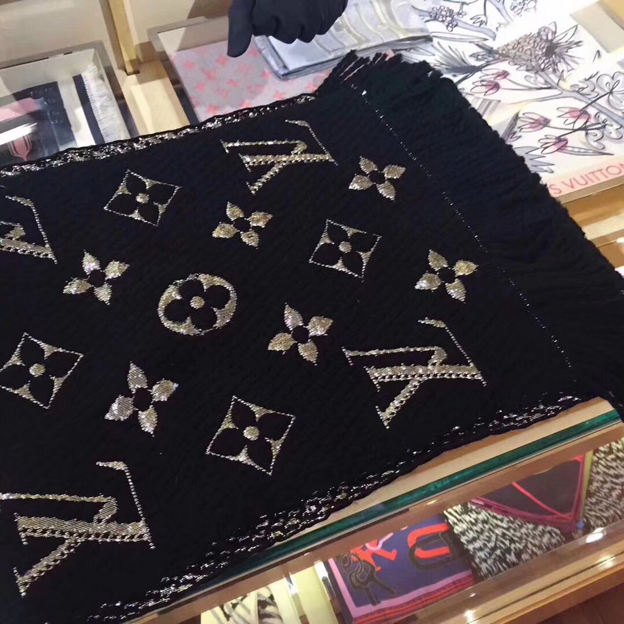 LOGOMANIA SHINE(SILVER COLOR) SCARF, LOUIS VUITTON LV SCARF, 68.9 x 11.8 inches, 94% wool, 6% silk