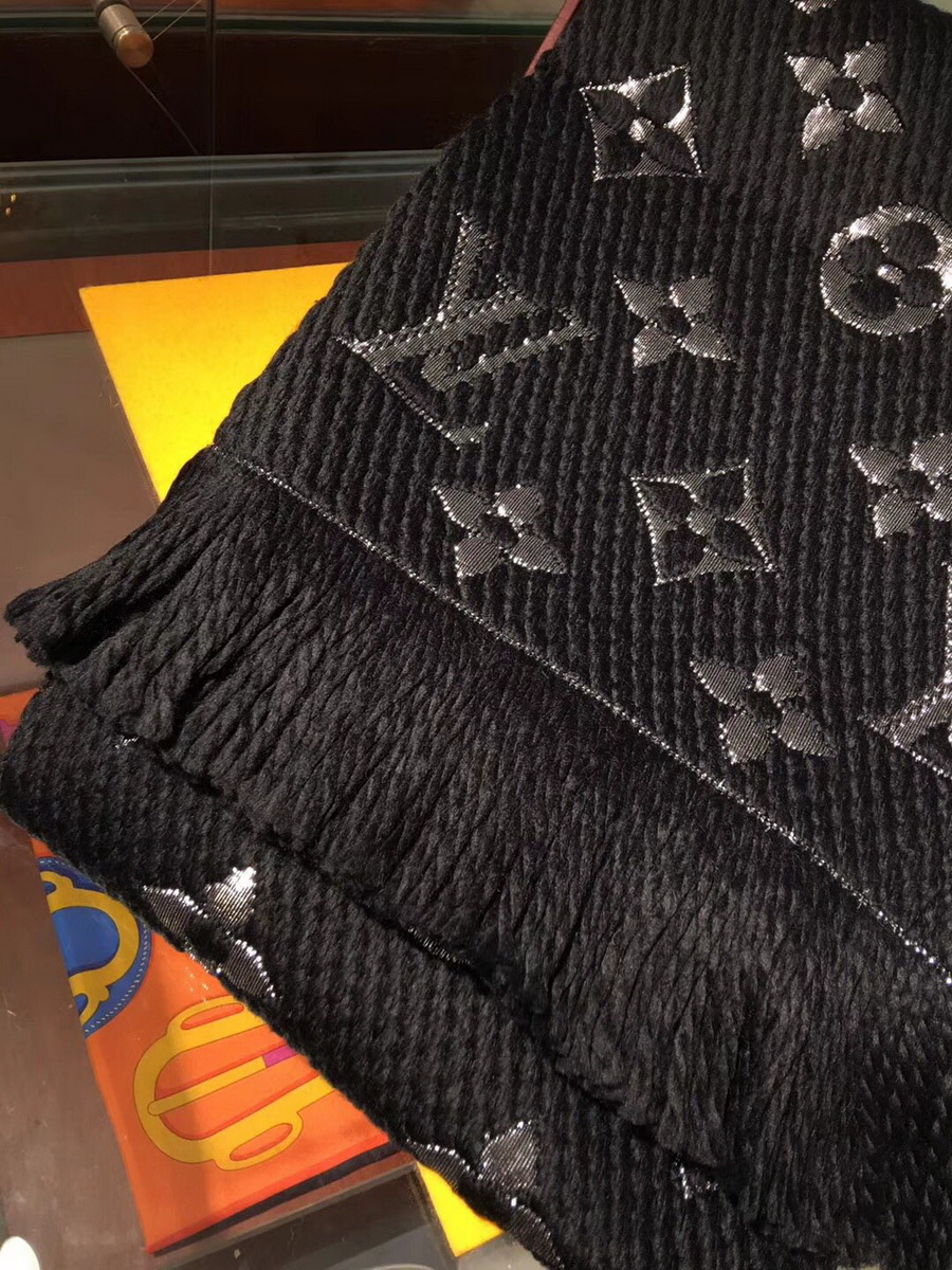 LOGOMANIA SHINE(SILVER COLOR) SCARF, LOUIS VUITTON LV SCARF, 68.9 x 11.8 inches, 94% wool, 6% silk