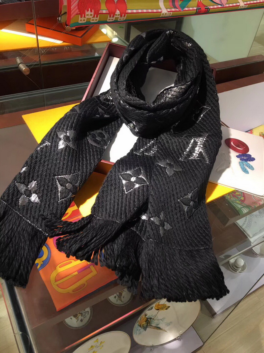 LOGOMANIA SHINE(SILVER COLOR) SCARF, LOUIS VUITTON LV SCARF, 68.9 x 11.8 inches, 94% wool, 6% silk