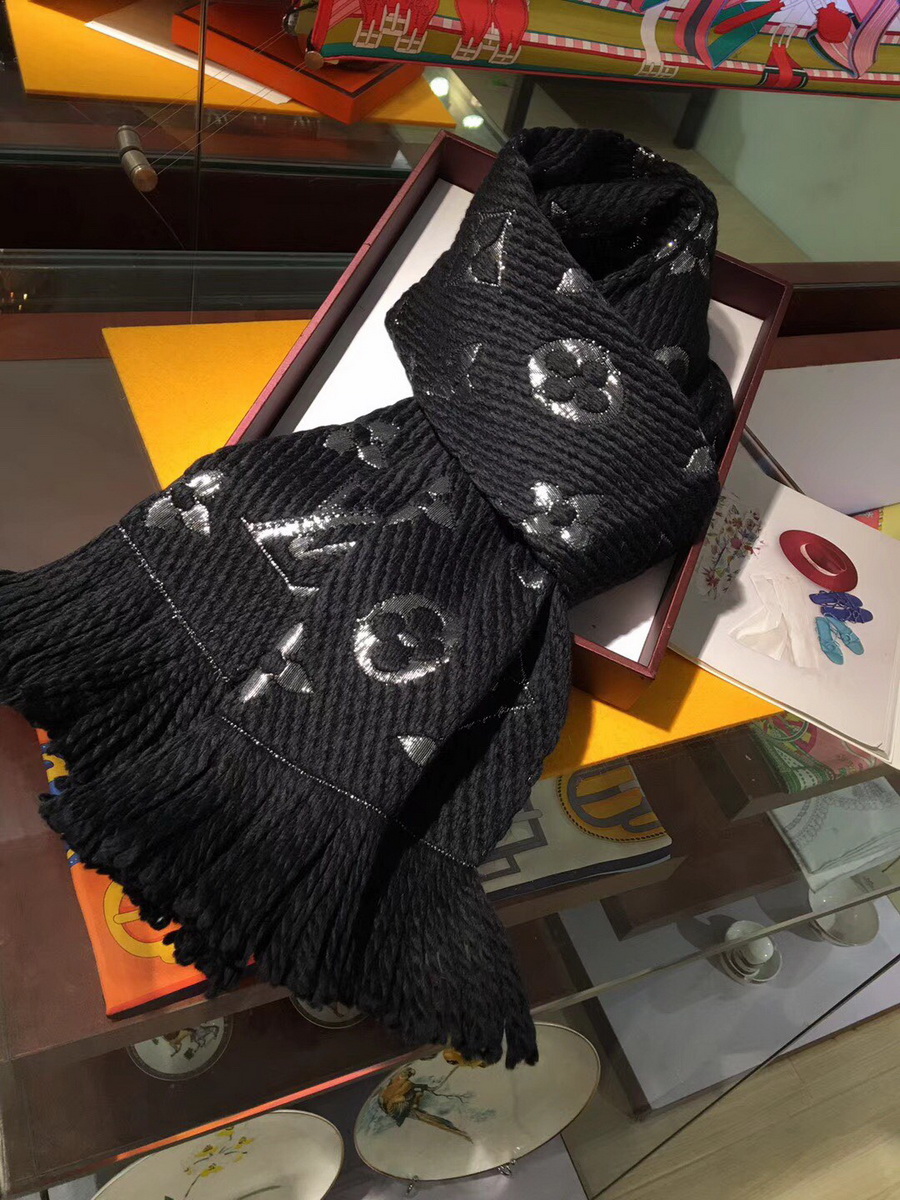 LOGOMANIA SHINE(SILVER COLOR) SCARF, LOUIS VUITTON LV SCARF, 68.9 x 11.8 inches, 94% wool, 6% silk