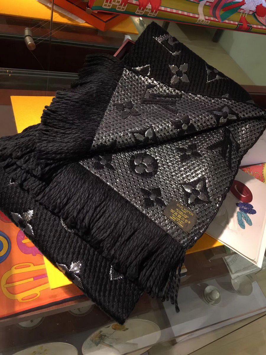 LOGOMANIA SHINE(SILVER COLOR) SCARF, LOUIS VUITTON LV SCARF, 68.9 x 11.8 inches, 94% wool, 6% silk