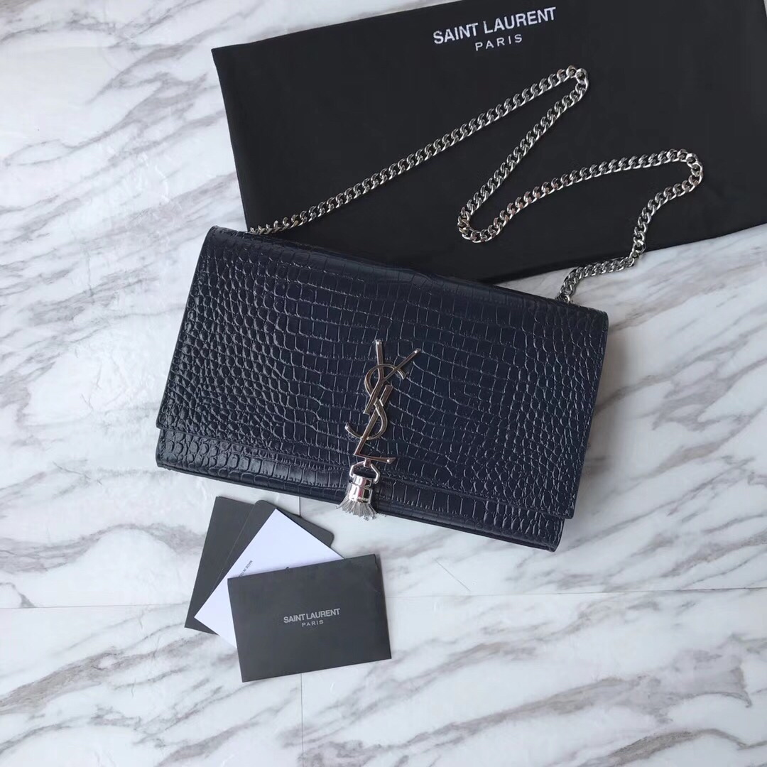 354119 KATE MEDIUM WITH TASSEL IN EMBOSSED CROCODILE SHINY LEATHER, STRAP DROP: 48CM, YSL Saint Laurent