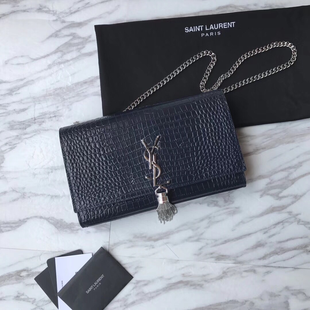 354119 KATE MEDIUM WITH TASSEL IN EMBOSSED CROCODILE SHINY LEATHER, STRAP DROP: 48CM, YSL Saint Laurent
