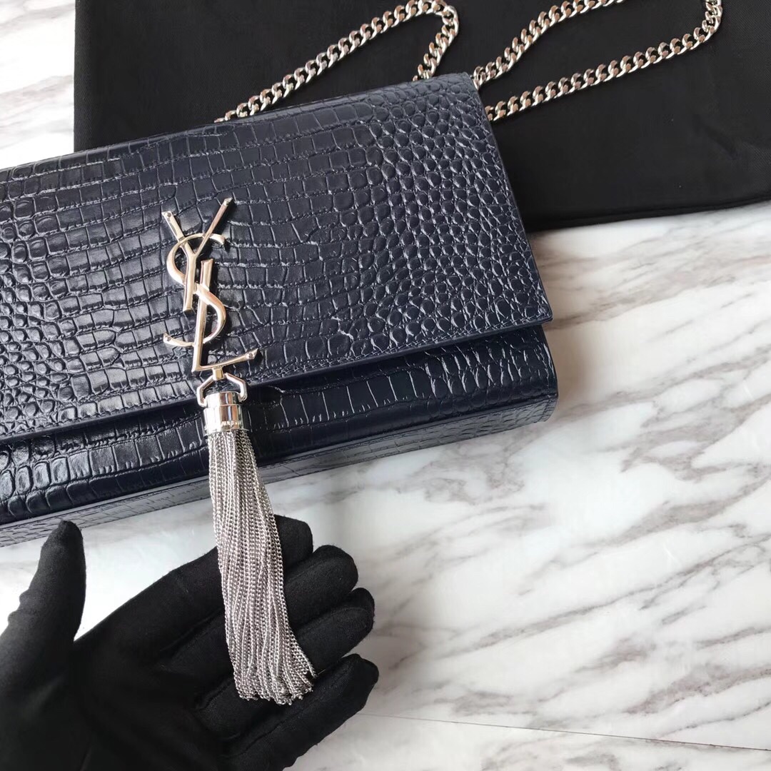 354119 KATE MEDIUM WITH TASSEL IN EMBOSSED CROCODILE SHINY LEATHER, STRAP DROP: 48CM, YSL Saint Laurent