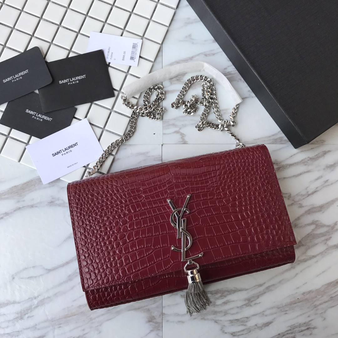 354119 KATE MEDIUM WITH TASSEL IN EMBOSSED CROCODILE SHINY LEATHER, STRAP DROP: 48CM, YSL Saint Laurent