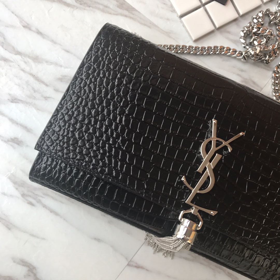 354119 KATE MEDIUM WITH TASSEL IN EMBOSSED CROCODILE SHINY LEATHER, STRAP DROP: 48CM, YSL Saint Laurent