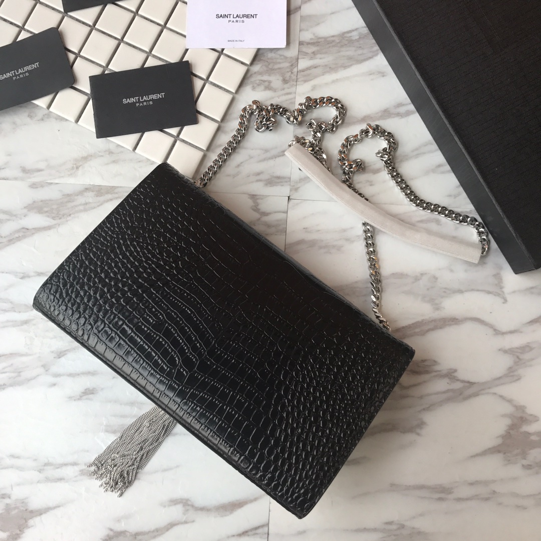 354119 KATE MEDIUM WITH TASSEL IN EMBOSSED CROCODILE SHINY LEATHER, STRAP DROP: 48CM, YSL Saint Laurent