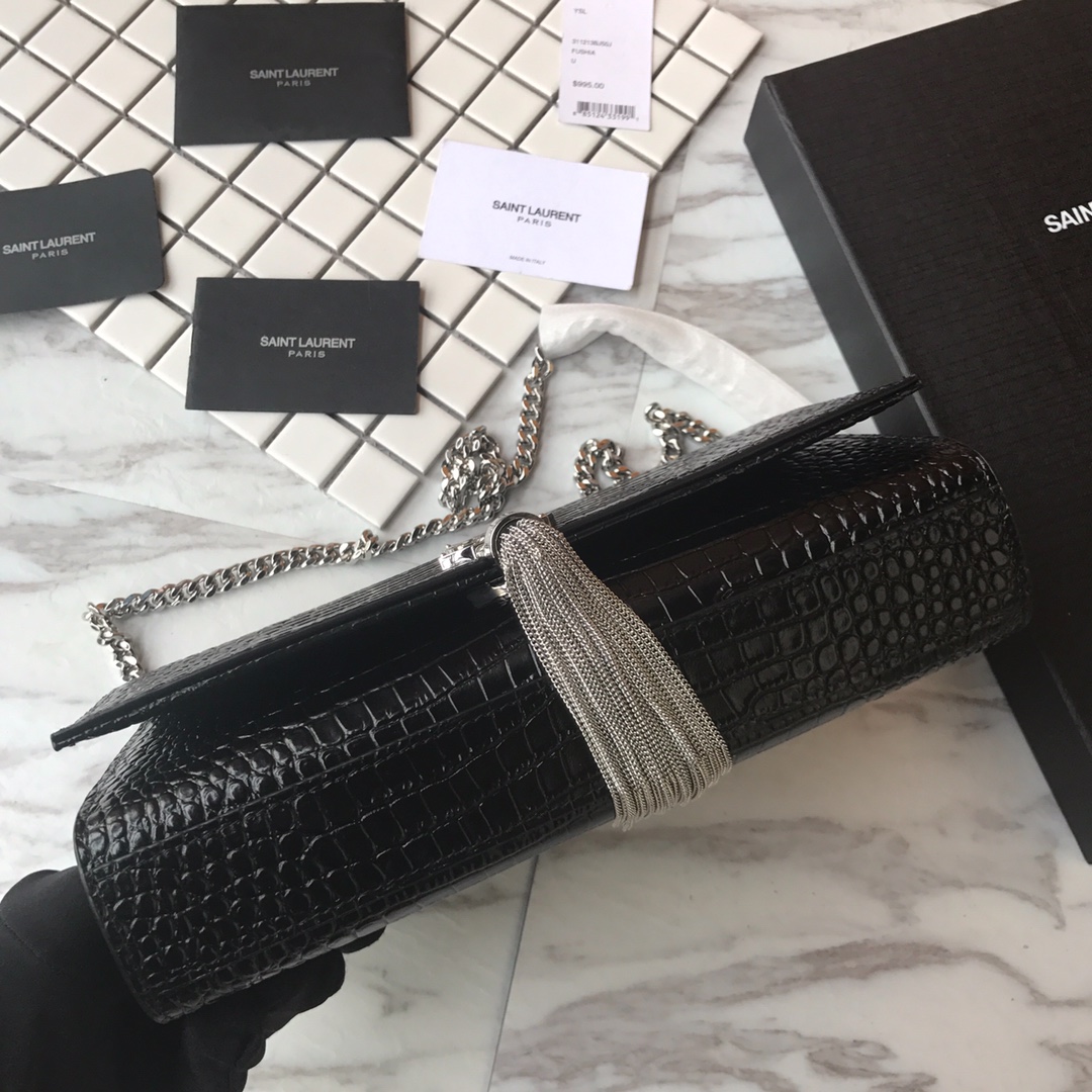 354119 KATE MEDIUM WITH TASSEL IN EMBOSSED CROCODILE SHINY LEATHER, STRAP DROP: 48CM, YSL Saint Laurent