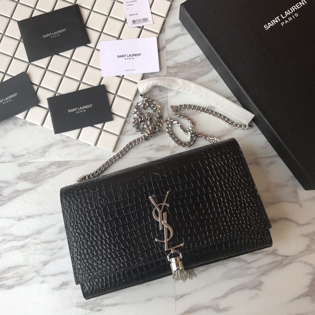 354119 KATE MEDIUM WITH TASSEL IN EMBOSSED CROCODILE SHINY LEATHER, STRAP DROP: 48CM, YSL Saint Laurent