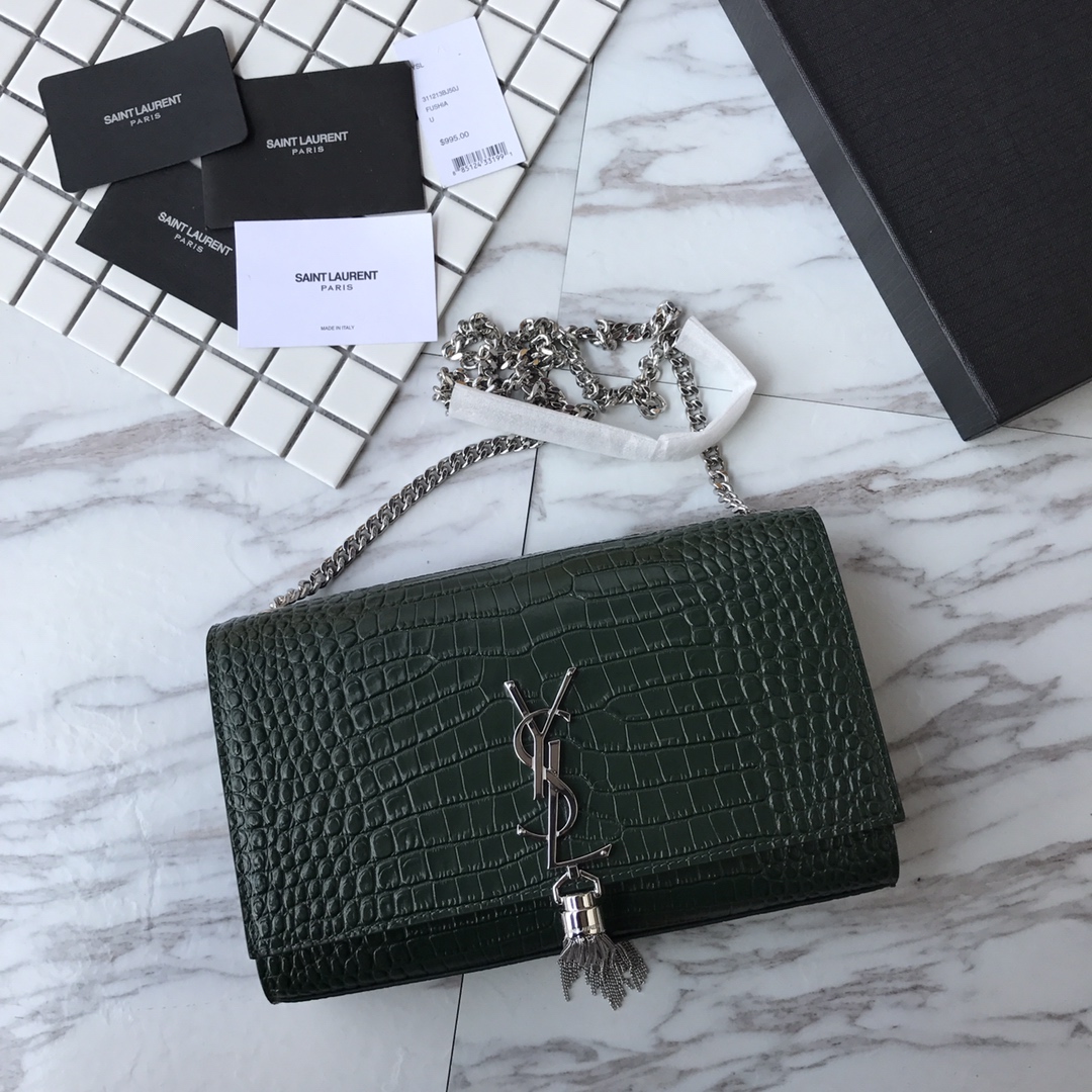 354119 KATE MEDIUM WITH TASSEL IN EMBOSSED CROCODILE SHINY LEATHER, STRAP DROP: 48CM, YSL Saint Laurent