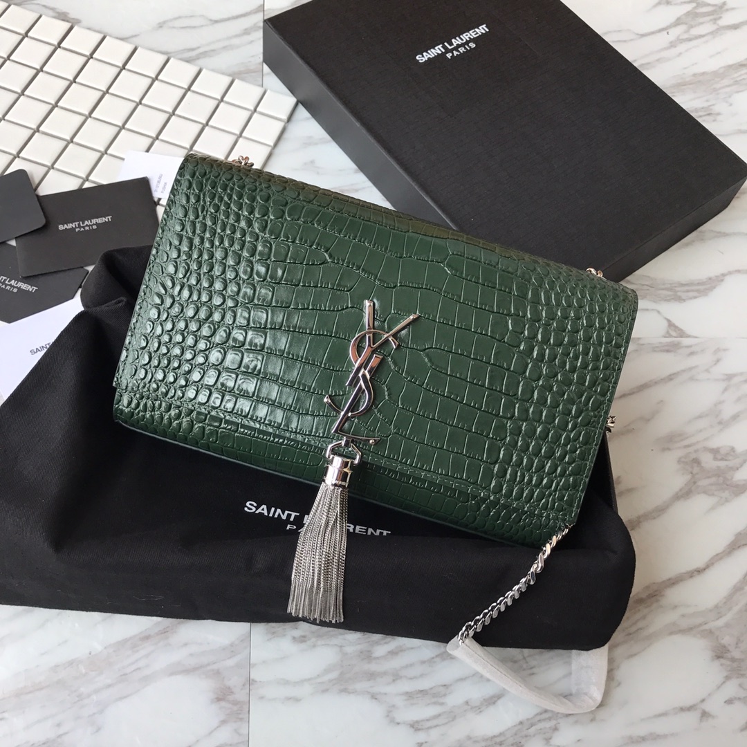 354119 KATE MEDIUM WITH TASSEL IN EMBOSSED CROCODILE SHINY LEATHER, STRAP DROP: 48CM, YSL Saint Laurent