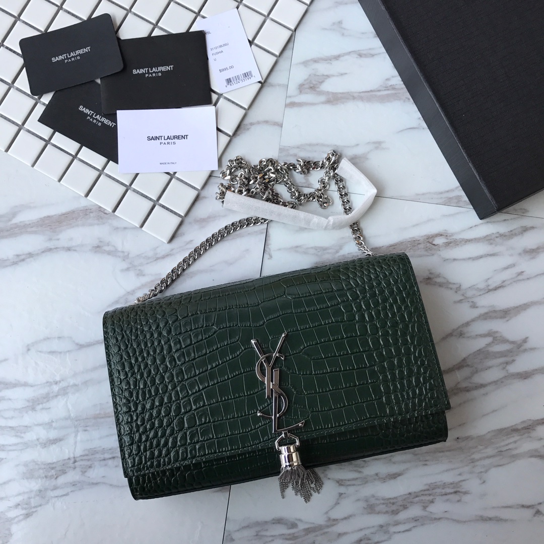 354119 KATE MEDIUM WITH TASSEL IN EMBOSSED CROCODILE SHINY LEATHER, STRAP DROP: 48CM, YSL Saint Laurent